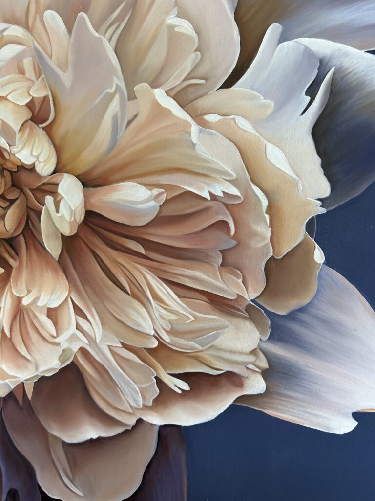 Close up on Peony Oil painting by Melissa Eybers